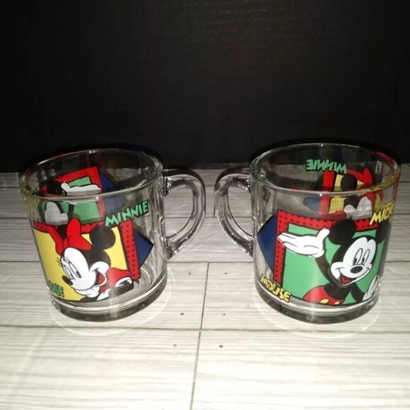 Vtg Disney Mickey & Minnie Mouse Collector Coffee Mugs Glass Cup Anchor Hocking - Picture 6 of 8